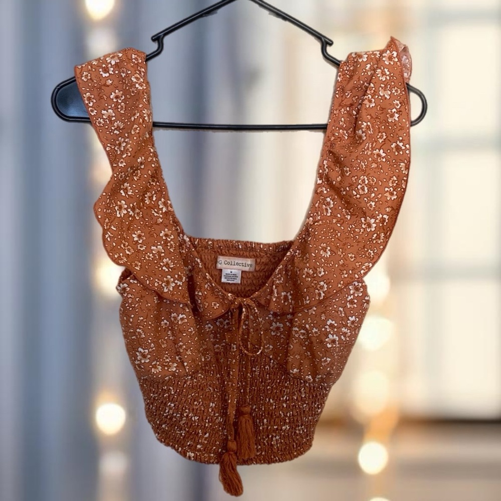 Band of Gypsies, B.O.G. Collective Boho Orange Ruffled Flutter Sleeve Crop Top